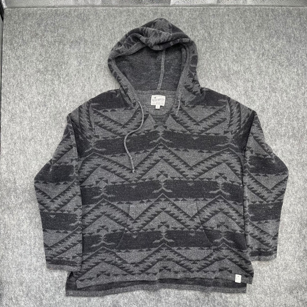 Lucky Brand Sweater Mens XL Gray Black Southwestern Geometric Knit Aztec Print